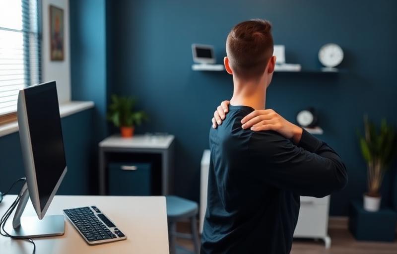 Office worker experiencing shoulder tension from desk posture in London