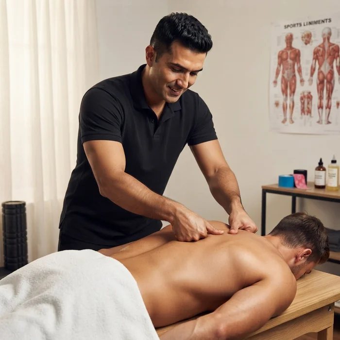 Sports massage therapist treating runner's leg muscles in London clinic