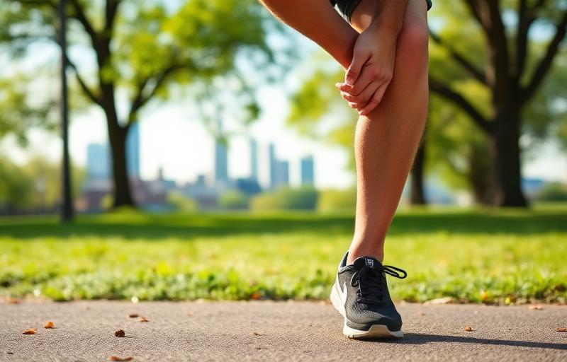 Runner stretching calf muscle for cramp relief in London park