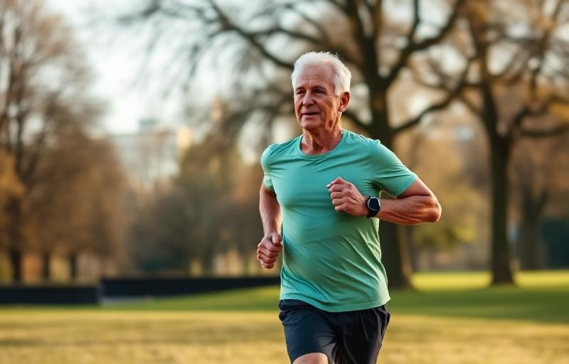 Active mature athlete running in London park